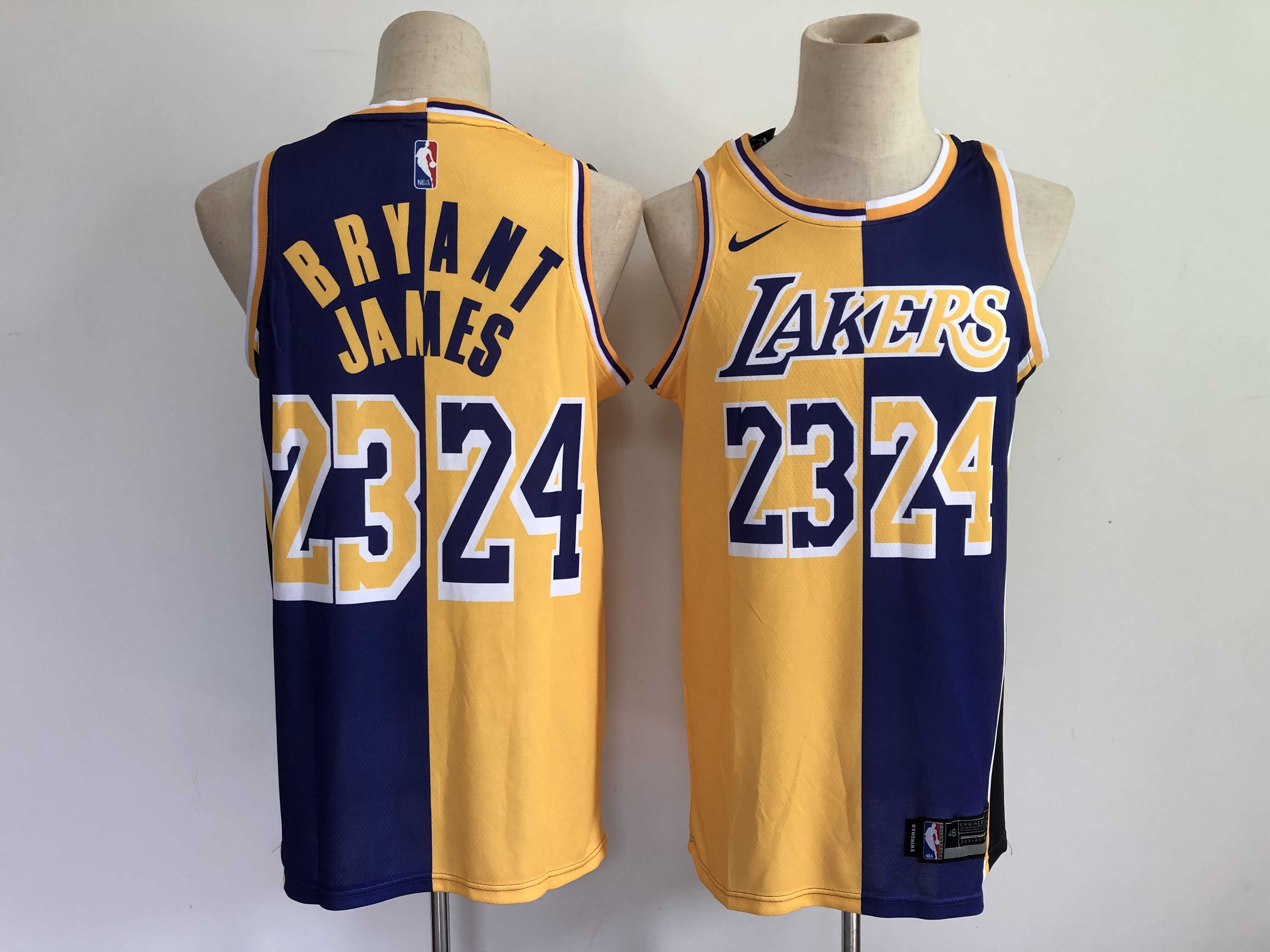 Men Los Angeles Lakers 24 Bryant 23 james purple yellow split special 2021 nike nba jersey